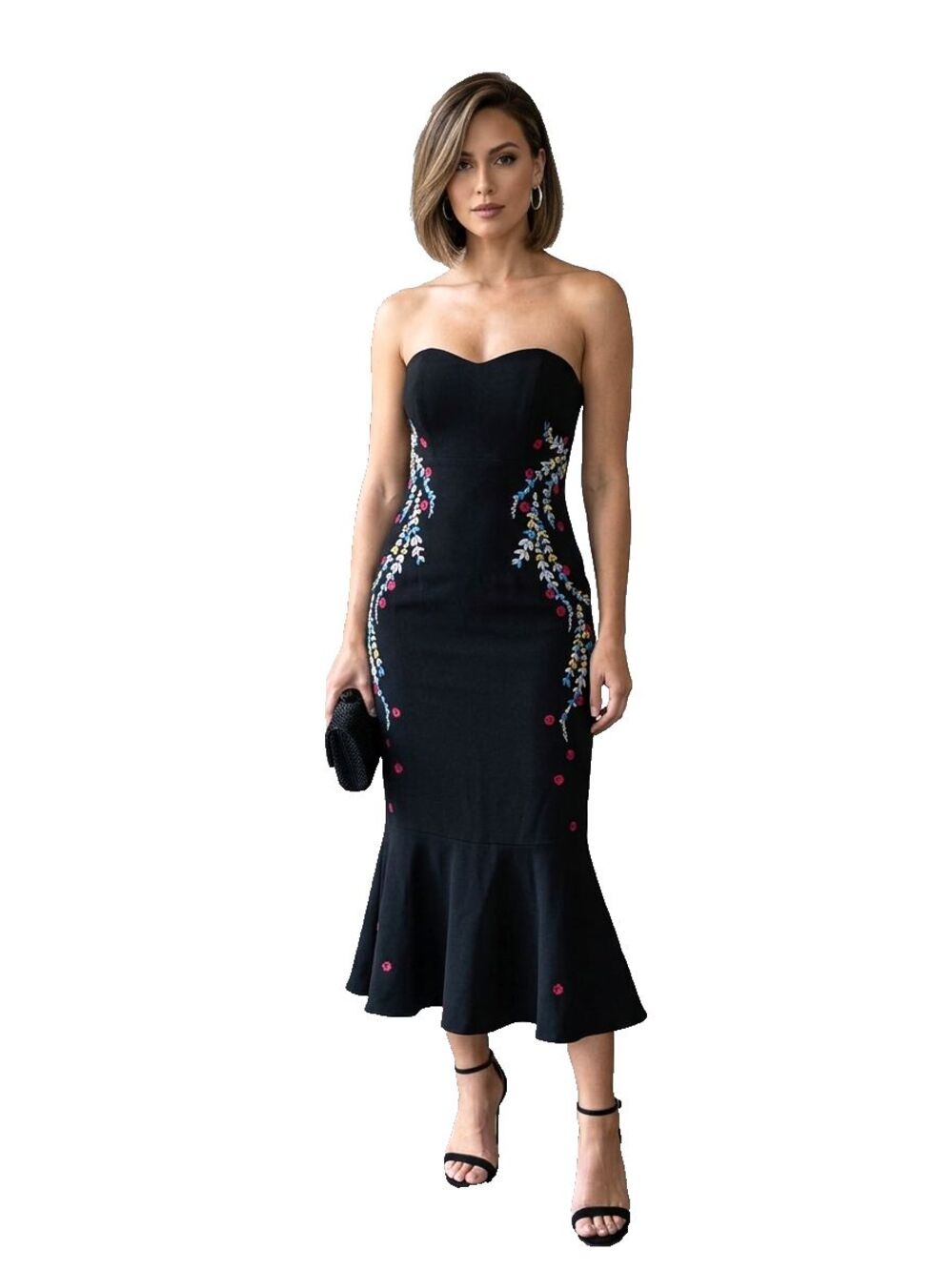 Cinq a Sept Black Floral Embroidered Strapless Trumpet Midi Dress 2 Luna 5a7